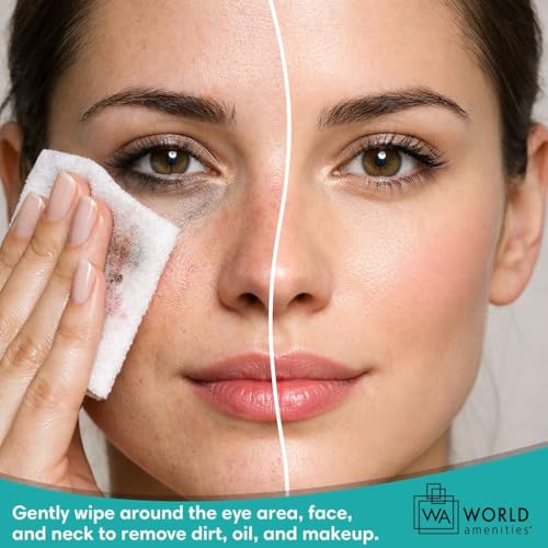 World Amenities - Makeup Remover Wipes - Alcohol Free - Vitamin E Face Wipes for Sensitive Skin Comfort - Individually Wrapped - Travel Friendly Facial Cleansing Wipes - 50 Count