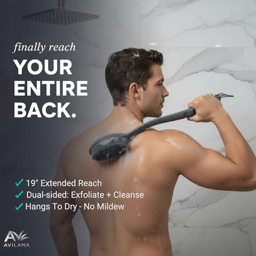 Avilana Premium Back Scrubber Long Handle 19 Inch - Trusted Since 2017 - SGS Certified Silicone Bath Brush, Dual Sided Exfoliating Body Brush Extended Reach Back Washer Women Men Seniors Gift