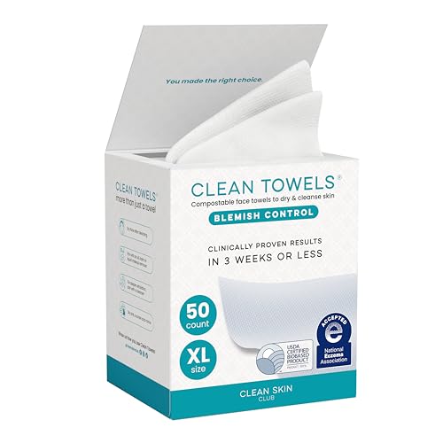 Clean Skin Club Blemish Control Clean Towels¢ç XL, Compostable Face Towels, Light Exfoliation for Oily Skin, Eczema Association Accepted Disposable Face Towelette, Makeup Remover Dry Wipes, 50 count