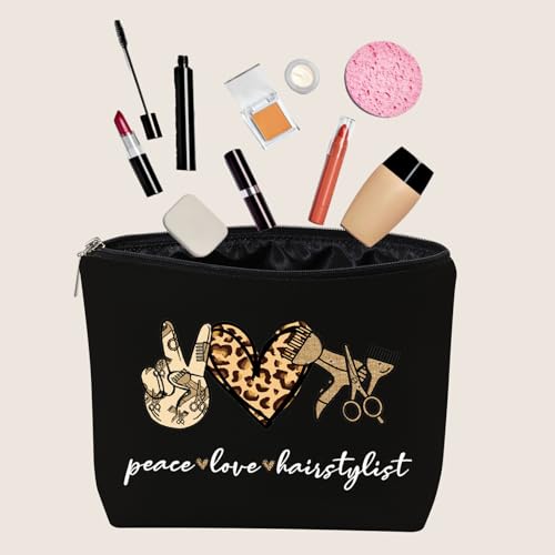 JXGZSO Scissor Makeup Organizer Hair Stylist Cosmetic Pouch Bag Hairdresser Gifts For Women Peace Love Hairstylist Toiletry Bag (Peace Love Hairstylist Black)