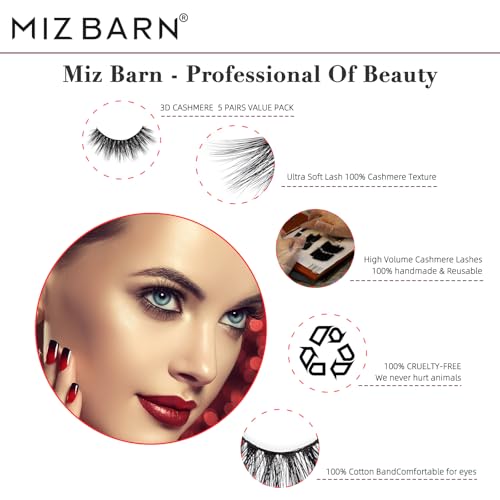 Miz Barn Lashes 3D Cashmere Long Extension Eyelashes Natural Look Soft Reusable False Eyelashes Multipack Wispy Fake Eyelashes 5 Pairs Natural Strip Lashes (CW302)