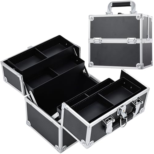 Frenessa Makeup Train Case Cosmetic Organizer Case Professional Makeup Storage Box 4 Trays with Divider Lockable Travel Case Portable Travel Makeup Box for Makeup Artist, Carfter, Cosmetics Black