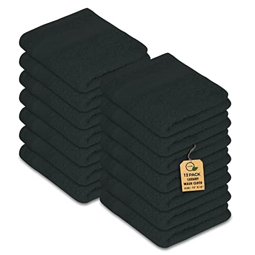 Premium Wash Cloths Pack of 12 (13" x 13") 100% Ring Spun Cotton | Luxury Washcloths | Ultra Soft Face Towels | Highly Absorbent Wash Cloths for face (Black)