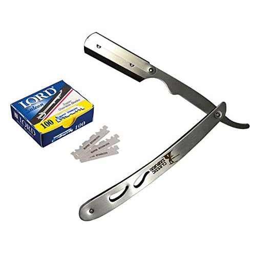 CS-102 Stainless Steel Professional Barber Straight Edge Razor with 100 Lord Single Edge Razor Blades (Silver Metal)