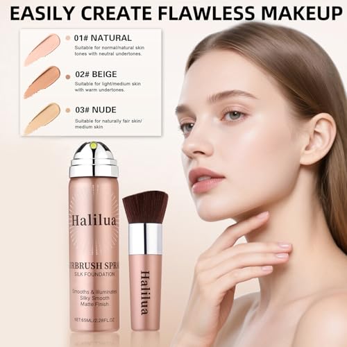 Airbrush Foundation Spray with Brush - Full Coverage Magic Minerals Airbrush Foundation for Smooth Radiant Finish, Hydrating Makeup for a Flawless, Natural Finish, Breathable (Nude)