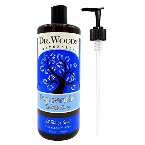 Dr. Woods Peppermint Liquid Castile Soap with Pump - Castile Soap with Pure Peppermint Oil, Body Wash for Men and Women, Contains Olive Oil, Natural Cleaner for Face, Hands, and Body - 32 Fl Oz
