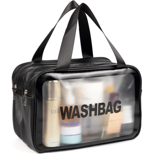 Travel Toiletry Bag for Women, Matte Translucent with Handy Handle, Makeup Cosmetic Organizer Bag for Travel Toiletries Accessories (Black Bag)