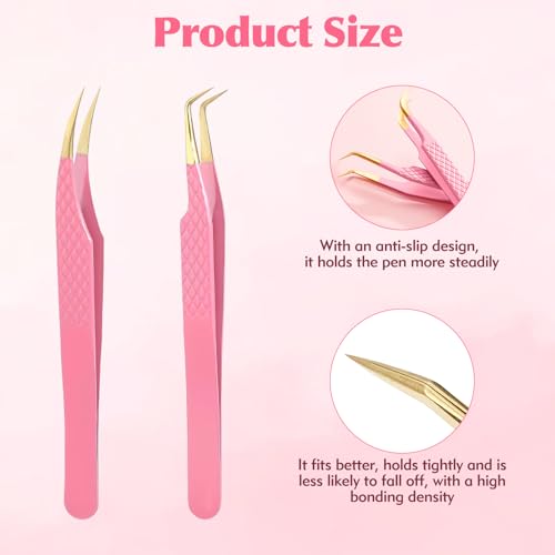 2PCS Professional Lash Tweezers Set, Bent & Straight Tip Precision Eyelash Extension Tweezers for False Lashes, Non-Slip Grip