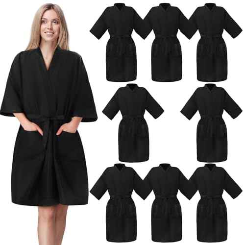 Toulite 8 Pieces Salon Robes Smock for Clients Hair Salon Gown Cape Black Barber Smock Kimono Style Hair Stylist for Clients(2 Pockets)