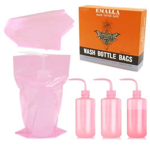 250pcs Tattoo Bottles Bags£¨Pink£© with 3pcs Wash Bottles£¨Pink£© 250ml Disposable Squeeze Watering Tool Sleeves Water Spray Covers for Tattoo Supplies