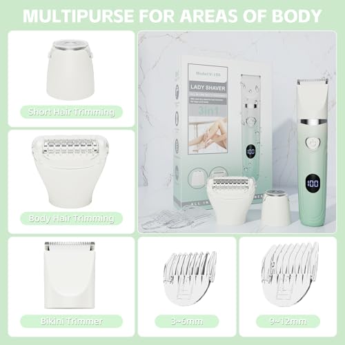 3-in-1 Painless Bikini Trimmer for Women - Electric Pubic Hair Shaver with Ceramic Blade, Wet/Dry USB Razor for Underarm/Leg/Body, Rechargeable Ladies Grooming Kit