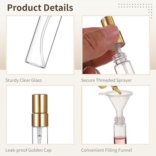 Lnrueg 50 Pcs 5 ml Perfume Bottles - Small Refillable Glass Perfume Bottles, Portable Travel Sample Containers with Caps, Fine Mist Atomizers with 2 Funnels and 2 Dispensers, Gold