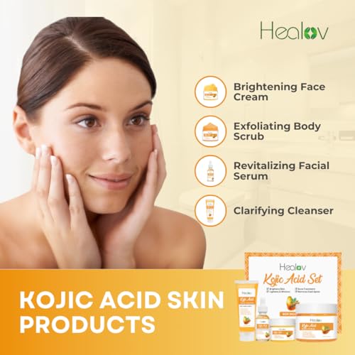 Kojic Acid Skincare Set ? Kojic Soap Cleanser, Exfoliating Body Scrub, Face Cream & Brightening Facial Serum ? Skin Brightening Hyperpigmentation Treatment, Dark Spot Corrector ? with Turmeric Papaya