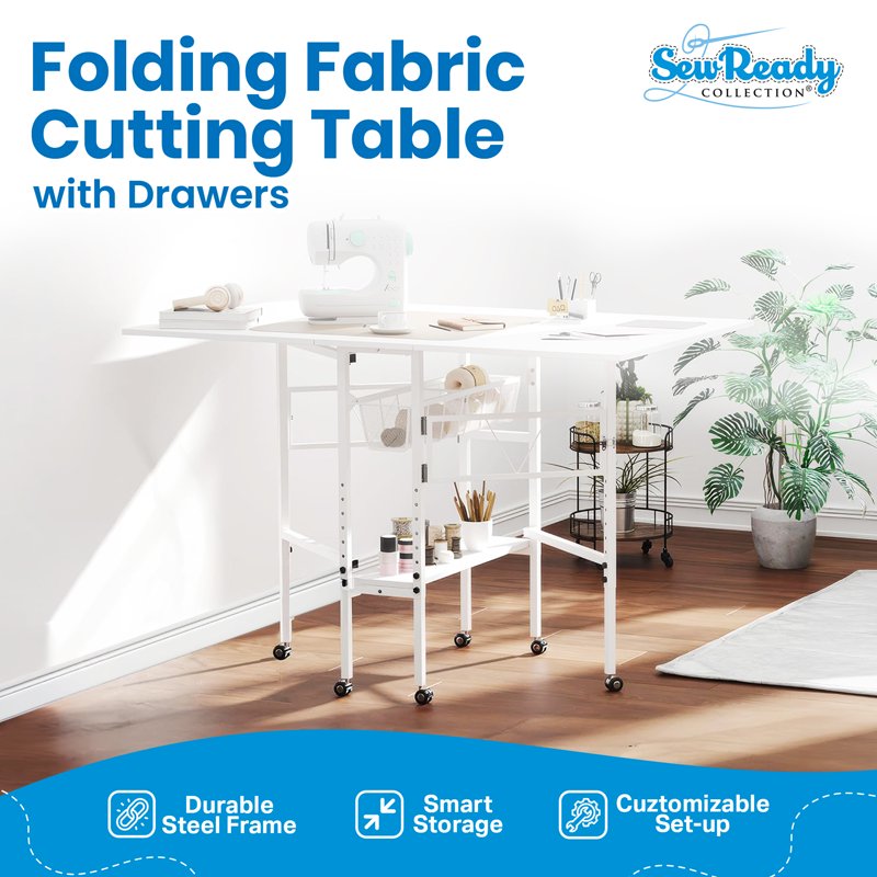 Folding Sewing Craft Table with Storage Drawers & Wheels, White