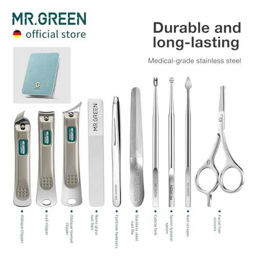 MR.GREEN Fashion Imprint Manicure Sets Professional Nail Clipper Set Personal Care Tool Kits Nial Cutter Gift With Leather Case (Green(10Pcs Set))
