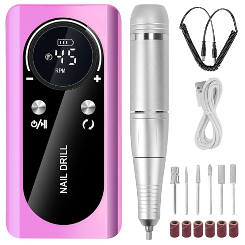 HZXINGWANG Professional 45000 RPM Portable Nail Drill & Electric Nail File for Acrylic Nails, Gel Polish Removal ? Rechargeable with 6 Drill Bits Kit for Home & Salon Use (Purple)