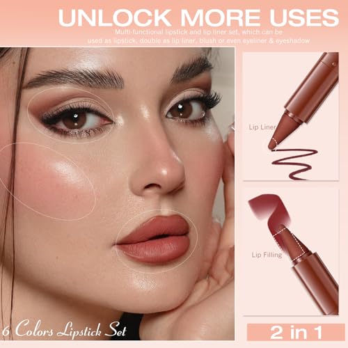 Brown Lip Liner Set 6 Colors 2 in 1 Gradient Lip Liner and Lipstick Combo Long lasting Dark Brown Red Creamy Lip Pencil Contour Matte Lipstick for Women Smooth High Pigmented Crayon Cone Tip