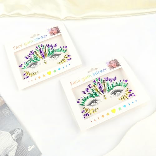 2 Sheets Mardi Gras Face Gems Jewels Stickers, Self-Adhesive Mardi Gras Eye Gems Sticker, Purple Green Gold Glitter Crystals Decoration, Mardi Gras Outfit for Women Party Costume Cosplay Makeup