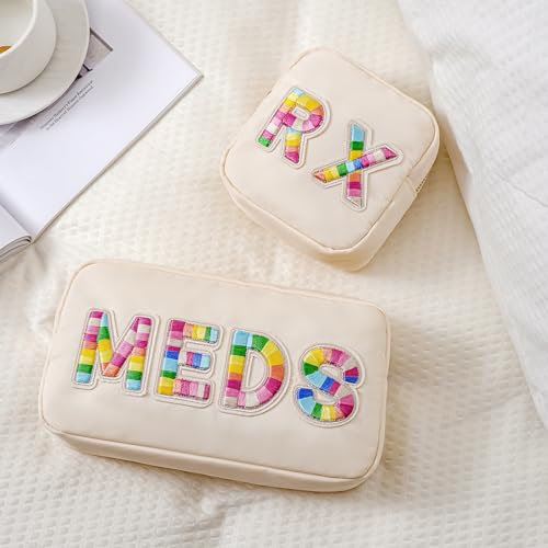 uekeboag 2Pcs Personalized Nylon Rx MEDS Cosmetic Bag, Cute Chenille Letter Patch Medicine Drug Pouch with Zipper,Preppy Makeup Travel Vitamin Bag for Women and Girls (RX+MEDS)