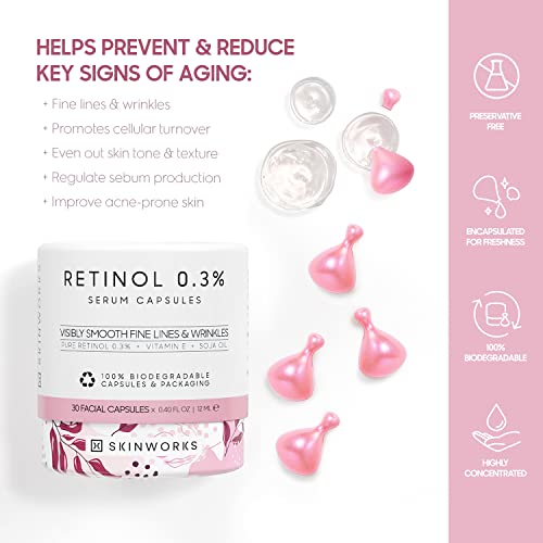 Retinol Anti Aging Wrinkle Correction Night Serum with Hyaluronic Acid Serum for Dark Spots, Post-Acne Scars, Instantly Plump & Hydrates Skin, Unscented, 30 Capsules