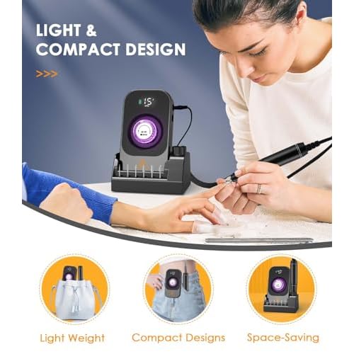 Portable Nail Drill Electric File: 40000RPM Professional Nail E-File for Acrylic Nails Remove Nail Gel Polish Manicure, Rechargeable Cordless Nail Drill Machine with Bits & Base for Salon Home, Black