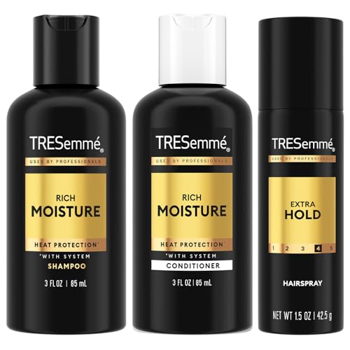 TRESemm? Travel Essentials for Hair Care ??Rich Moisture Shampoo, Conditioner & Extra Hold Hairspray for Heat Protection & 24H Frizz Control