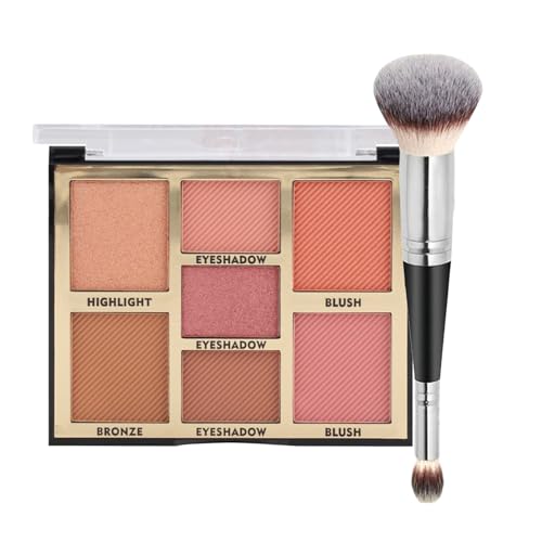 Full Face Makeup Palette, 4 in 1 Small Nude Nake Makeup Palet with Highlight, Bronze, 3 Colors Eyeshdow, 2 Color Blush, Double Side Brush, Fine Silky Powder