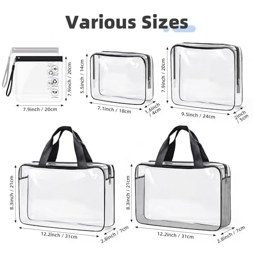 ABSOFINE Clear Toiletry Bag for Travel Size Toiletries, 4 Pack Large Waterproof PVC Makeup Bags with 2 Pack Airport Security Liquids Bags, Travel Essentials toiletry Bottles for Women Girls Men