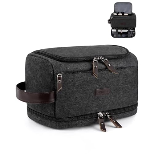 ZOMFELT Toiletry Bag for Men, Dual Layers Canvas Travel Toiletries Bag, Water-Resistant Travel Organizer with Elastic, Large Capacity Dopp Kit, Hanging Shaving Hygiene Bag, Black, L