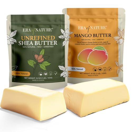 era of nature Organic Shea Butter 1lb & Mango Butter 1lb Bundle ? Unrefined, Raw Moisturizers for DIY Body Butters, Soaps, Lotions, and Lip Balms