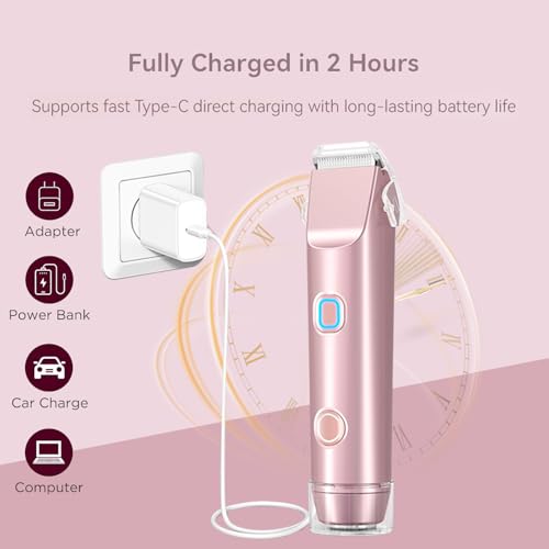 2 in 1 Women's Electric Shaver & Body Hair Trimmer - Waterproof Bikini/Intimate Shaver for Face, Armpits, Arms, Nose - Cordless Wet/Dry Use