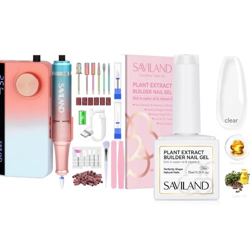 SAVILAND Electric Nail Drill Professional: 35000RPM PRO Nail Drill Kit with 15ml Clear Builder Nail Gel in A Bottle
