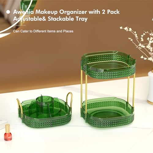 Awenia Rotating Makeup Organizer 360, Stackable Adjustable Large Capacity Cosmetic Storage Unit,Dresser Bathroom Kitchen Countertop Organizer with Metal Handle, Plus Size (Gem Green, 3 Tier)