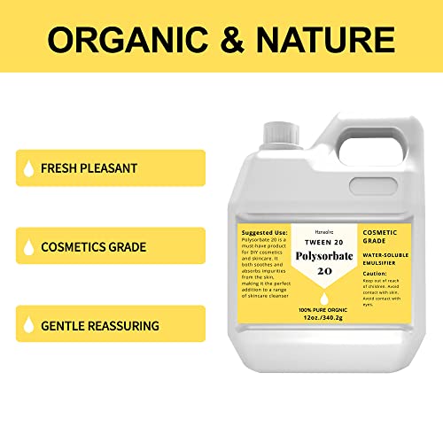 12 oz Polysorbate 20 Emulsifier, Premium Polysorbate 20 (TWEEN 20) Liquid, 100% Pure, Cosmetics Grade, Gentle on Skin, Suitable for Making Lotions, Shampoos, Body Washes, Makeup Removers and More