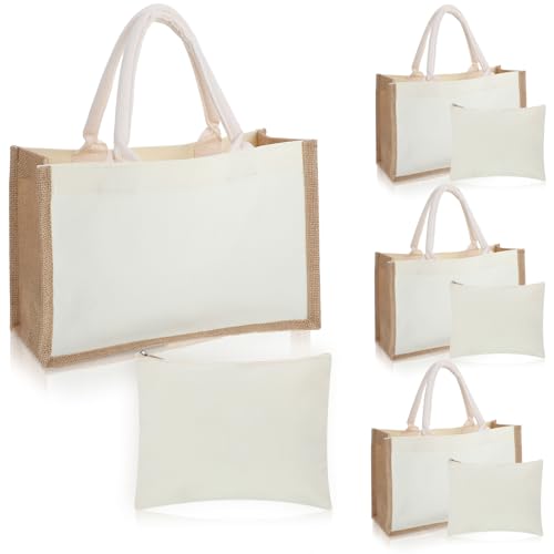 4 Sets Natural Burlap Tote Bags with Handles & Canvas Makeup Pouch, Reusable Jute Tote Bag for Wedding, Beach, Shopping, DIY Craft Blank Burlap Gift Bags with Handles