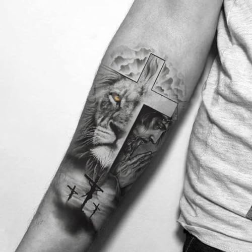 Generic 2 Sheets Large Half Arm Sleeve Temporary Tattoos For Men Women Waterproof Fake Forest Lion Jesus Cross Old School Halloween Fake Tattoo Stickers Adults Black Realistic Animals Tattoo