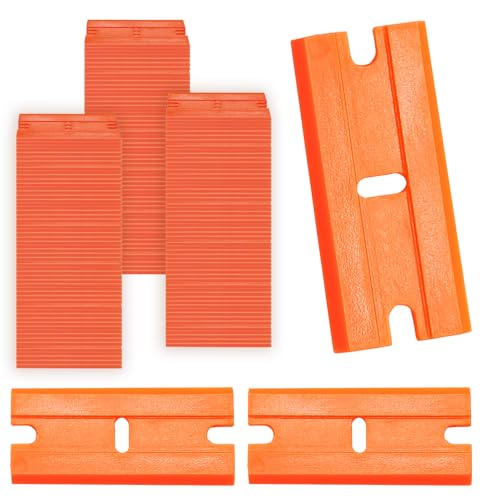 100 Pack Edged Plastic Blade, Safety Razor Blades Plastic Scraper Lightweight Replacement Blades, Easy Removal Tool for Decals Stickers Adhesive Label Glass Clean DIY, Orange