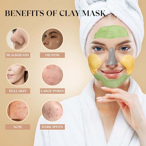 3 PCS Clay Mask Set, Turmeric Vitamin C Clay Mask, Dead Sea Mud Mask, Green Tea Mask, Facial Mask for Oil Control, Deep Cleaning, and Radiant Skin, 240g, 2.82 OZ each