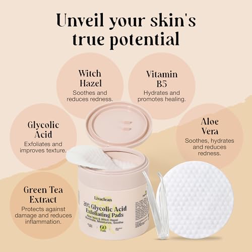 LivaClean 60 CT 20% Glycolic Acid Peel Pads with Aloe Vera ? Resurfacing Toner Pads for Face, Exfoliating Wipes for Fine Lines, Wrinkles, Large Pores, Textured Skin, Includes Tweezer
