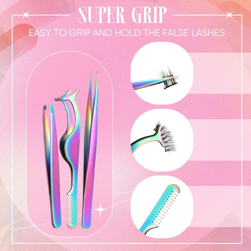Baderke 5 Pcs Lash Applicator Tool Set Lash Tweezers for DIY Individual Lash Clusters Application and Removal Straight and Curved Eyelash Extension Tweezers with Storage Box and Eyebrush(Colorful)