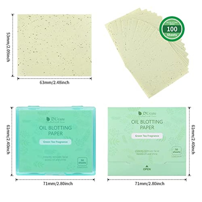 DUcare Oil Blotting Sheets for Face 100 Counts Green Tea Blotting Paper For Oily Skin with Portable Mirror Case & Makeup Puff, Oil Absorbing Sheets For Face
