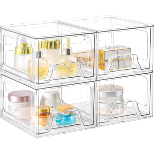 Stackable Makeup Organizer Storage Drawers Set of 4, Clear Plastic Organizer Bins for Beauty Supplies,Ideal for Vanity, Bathroom,Cabinet,Pantry Organization (4 Short)