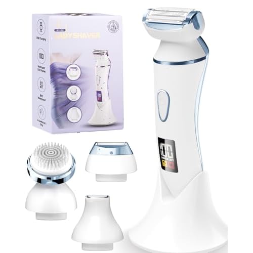 4 in 1 Electric Shaver for Women with Facial Brush, Electric Razor for Legs Underarm Pubic Hair, Bikini Trimmer IPX7 Portable Body Hair Removal, Wet & Dry Use, Rechargeable Grooming Kit, Light Blue