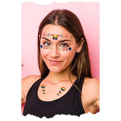 10 Sheets Gay Pride Face Temporary Tattoo Sticker, Rainbow Stripes Heart Star Butterfly Pattern Stickers, LGBT Facial Makeup Sticker for Pride Equality Party Parade Decoration Supplies