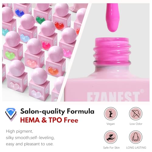 FZANEST 30pcs Gel Nail Polish Set, HEAM-free TPO-free Professional 10ml 26 Bright Spring Summer Candy Colors DIY Gel Nail Kit with Base Top Coat, Matte Top & Blooming ? Unique Pink Heart Shaped Bottle