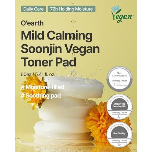 O¡¯Earth Mild Calming Vegan Toner Pad - Dual-Textured, Exfoliating, Soothing, Moisturizing with Dandelions & Hyaluronic Acid, EWG Green Certified, 90 Pads