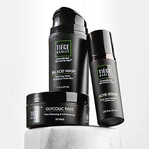 Tiege Hanley Acne Treatment Skin Care Set for Men, System Level 1, Tiegeclear Advanced Routine With Salicylic Acid Wash, Glycolic Acid Pads, and Serum, All Skin Types, Men¡¯s Skin Care, 3 Piece Kit