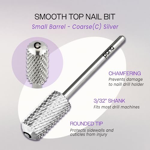 PANA 3/32" Small Smooth Round Top Safety Carbide Nail Drill Bit for Gel Polish & Acrylic Removal Nail Salon Manicure Pedicure Electric File Tools (Small Barrel - Silver, Coarse)