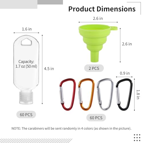 60 PCS Keychain Empty Hand Sanitizer Bottles - 1.7 oz Portable Keychain Travel Bottles, Empty Squeeze Plastic Bottle with Flip Cap, Refillable Containers with 2 Foldable Funnels for Shower Gel Lotion