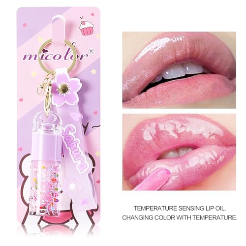 3 Colors Hydrating Lip Gloss Set, Glossy Shimmer High Shine Glass Finish Lipgloss Natural Moisturizing, Lip Make-Up for Women Party Gift Sakura Keychain Design